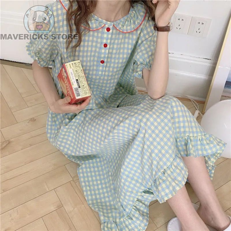 Váy ngủ tay ngắn cổ búp bê kẻ sọc caro màu xanh lá xinh xắn phong cách thời trang Hàn Quốc