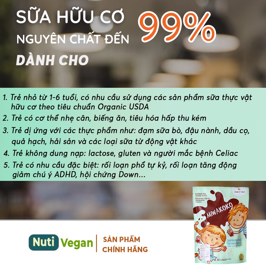 Sữa Hạt Hữu Cơ Miwakoko Không Đường, Túi 300g Vị Cacao Nhập Khẩu Malaysia, Bé Ngủ Ngon Cải Thiện Tiêu Hóa - nutivegan