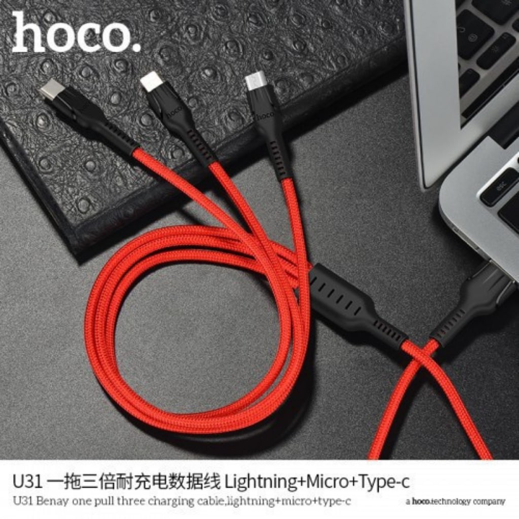 Dây sạc 3 đầu Hoco U31, Cáp sạc nhanh cho điện thoại Iphone Ipad Samsung Oppo Pin Dự Phòng TypeC/ Micro USB/ iOS/ androi