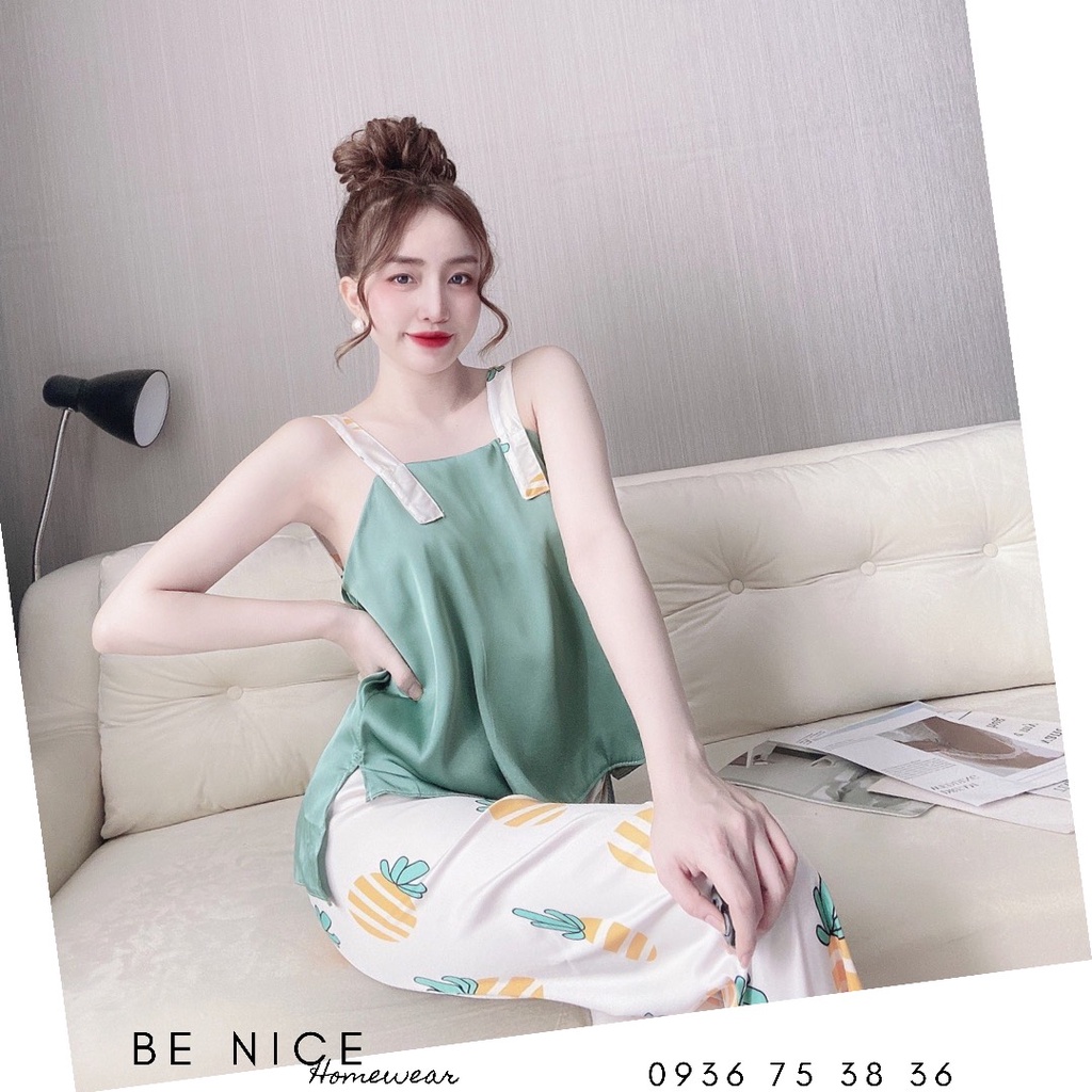 Set dây dài mặc nhà họa tiết phối màu xinh xắn lụa latin Be Nice Homewear