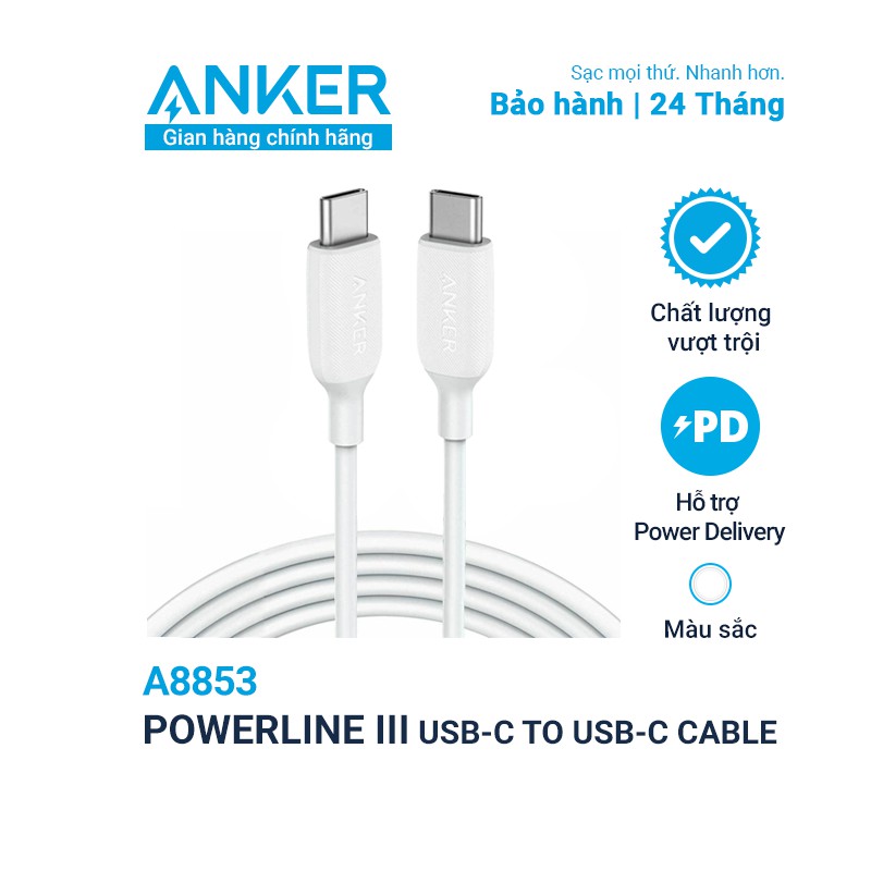 Cáp truyền dữ liệu điện thoại Anker PowerLine III USB-C to USB-C 2.0, 1.8m - A8853