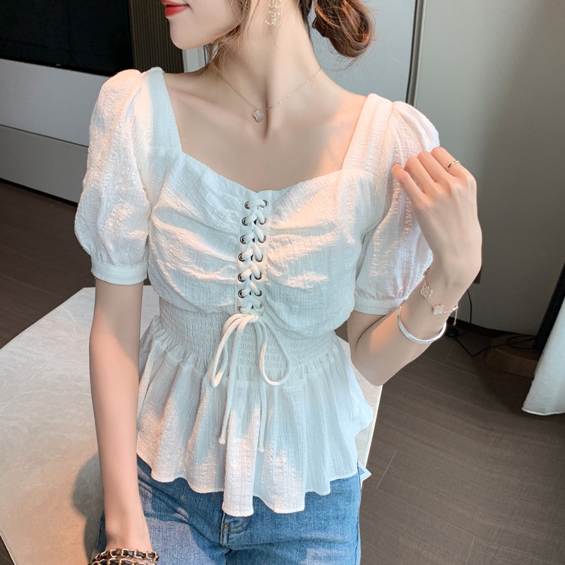 Áo Peplum Trắng Tay Ngắn Phối Ren Hoa Phong Cách Hàn Quốc