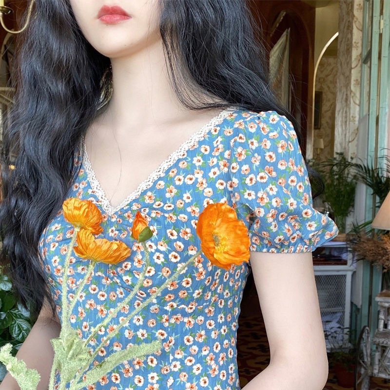 Váy tiểu thư hoa nhí xanh ngọc Hàn Quốc dễ thương phù hợp đi chơi