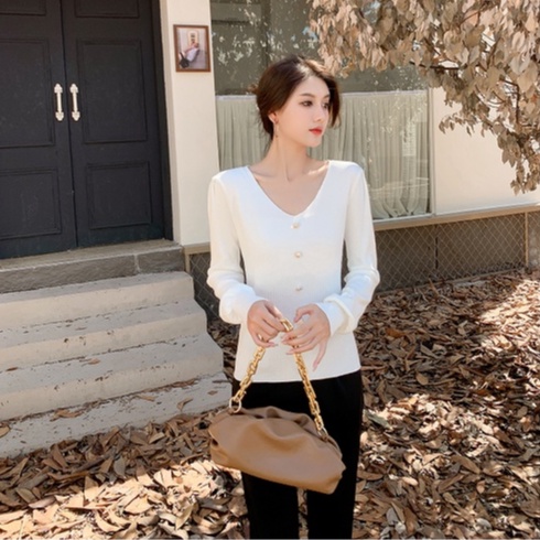 【ZHELIHANGFEI】Áo Dệt Kim Tay Dài Cổ Chữ V Dáng Ôm Dễ Phối Đồ