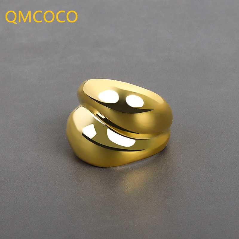 Nhẫn Đôi Màu Bạc QMCOCO Họa Tiết Hình Học Đơn Giản Thanh Lịch Có Thể Điều Chỉnh Phong Cách Punk Làm Quà Tặ
