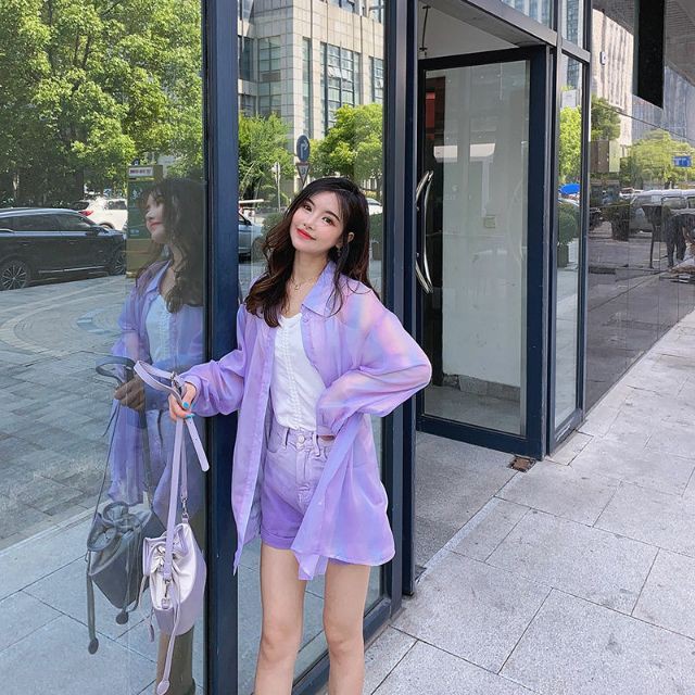 Áo sơ mi mỏng phản quang cầu vồng óng ánh hè thu cá tính