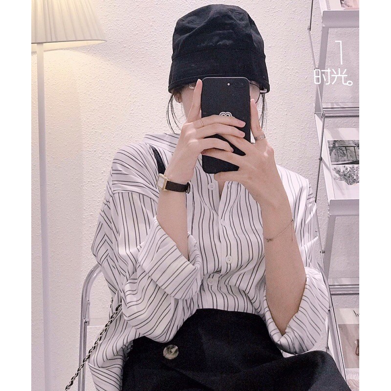 sơmi trắng Oversize sọc đen xám form rộng tay dài (ảnh thật)