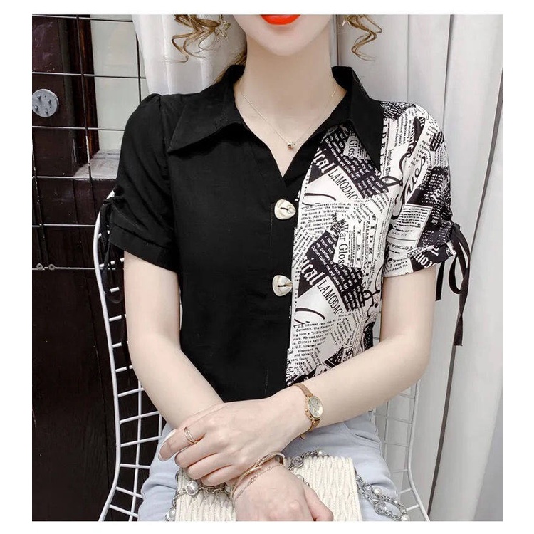 Áo Sơ Mi Chiffon Tay Ngắn Cổ Bẻ Ghép Vải In Họa Tiết Thiết Kế Mới Phong Cách Hàn Quốc Thời Trang Mùa Hè Cho Nữ
