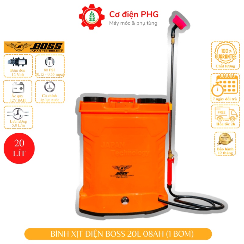 Bình phun thuốc trừ sâu bằng điện BOSS 20L 1 bơm dùng ắc quy 12V8AH| Công nghệ Nhật Bản | Bình xịt điện