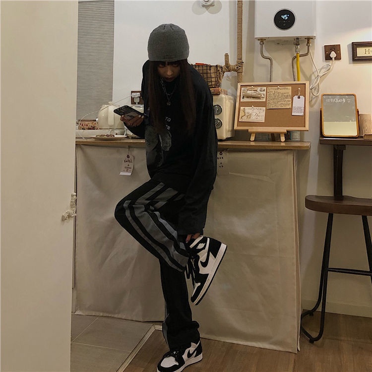 Quần dài ống rộng suông thẳng họa tiết kẻ sọc thời trang thường ngày cho nữ/bé gái