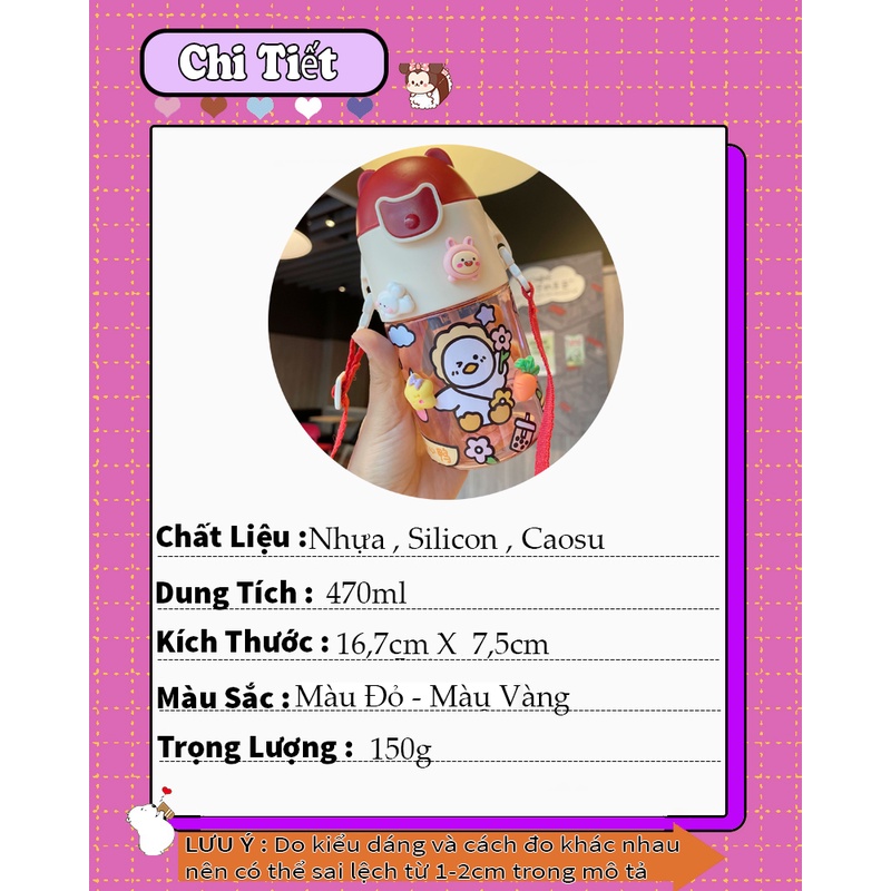 Bình uống nước cho bé có ống hút siêu cute 470ml, Bình nước có dây đeo tặng kèm sticker T2-060