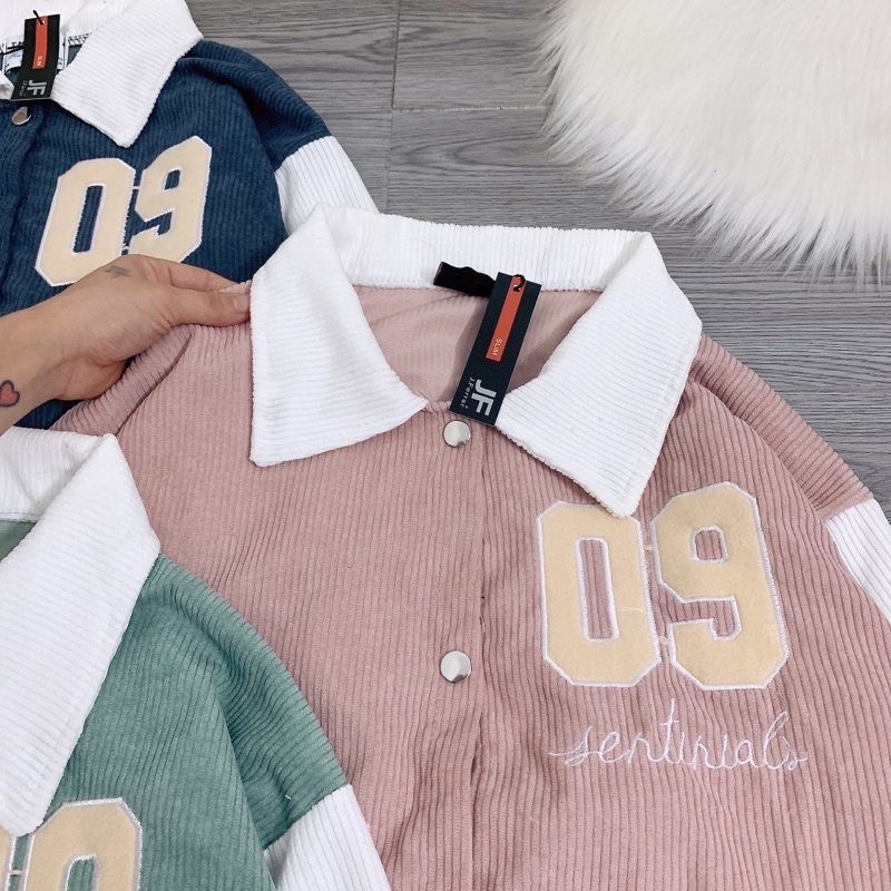 Áo Khoác Nhung Tăm Cổ Bẻ Thêu Số 09 Áo Bomber Bóng Chày Logo Tay Dáng Rộng