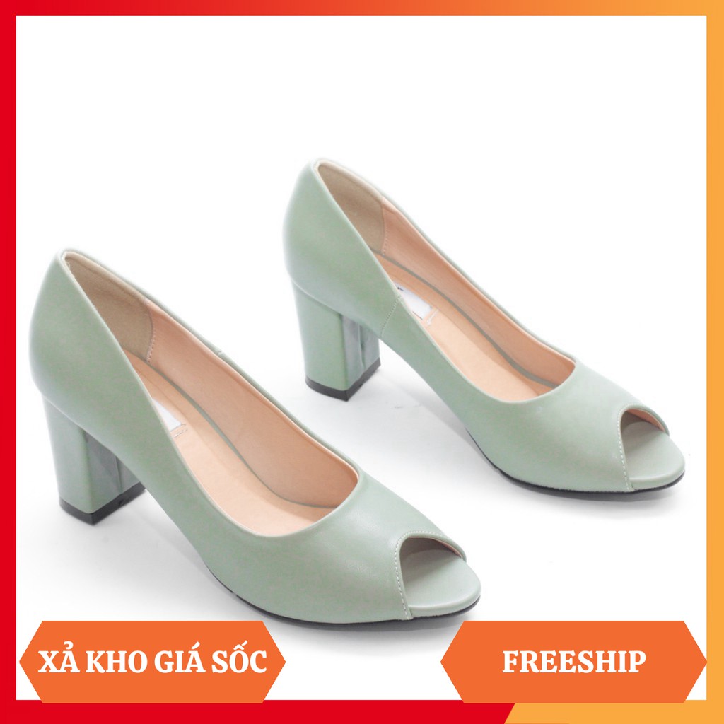 Giày Cao Gót 7cm Đế Vuông Hở Mũi Trơn Màu Hồng Pixie P289