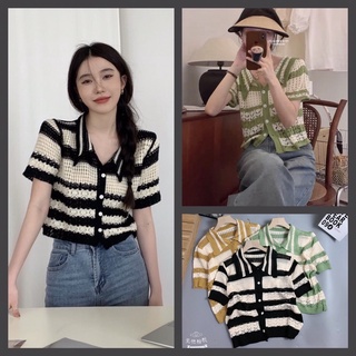 Áo len lỗ cổ bẻ sọc ngang- Áo len mongtoghi mỏng mát