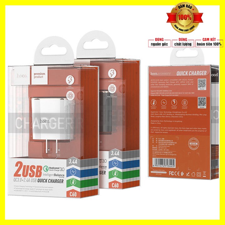 Củ sạc nhanh tích hợp 2 cổng USB Quick Charge 3.0 nhãn hiệu Hoco C60 công suất 18W - Bảo hành 6 tháng