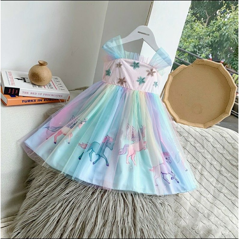 Đầm voan công chúa Ngựa pony sắc màu cầu vồng cho bé gái size 12-35kg hàng Quảng Châu cao cấp