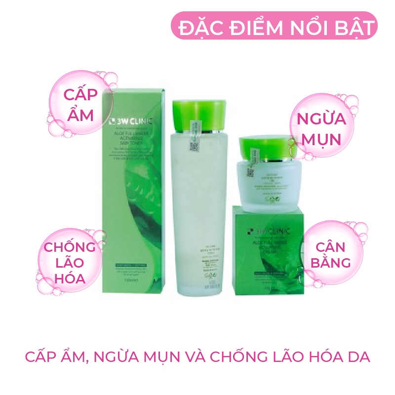 Bộ dưỡng ẩm dưỡng trắng da chiết xuất Lô Hội 3W CLINIC Hàn Quốc [Nước Hoa Hồng + Kem Dưỡng]