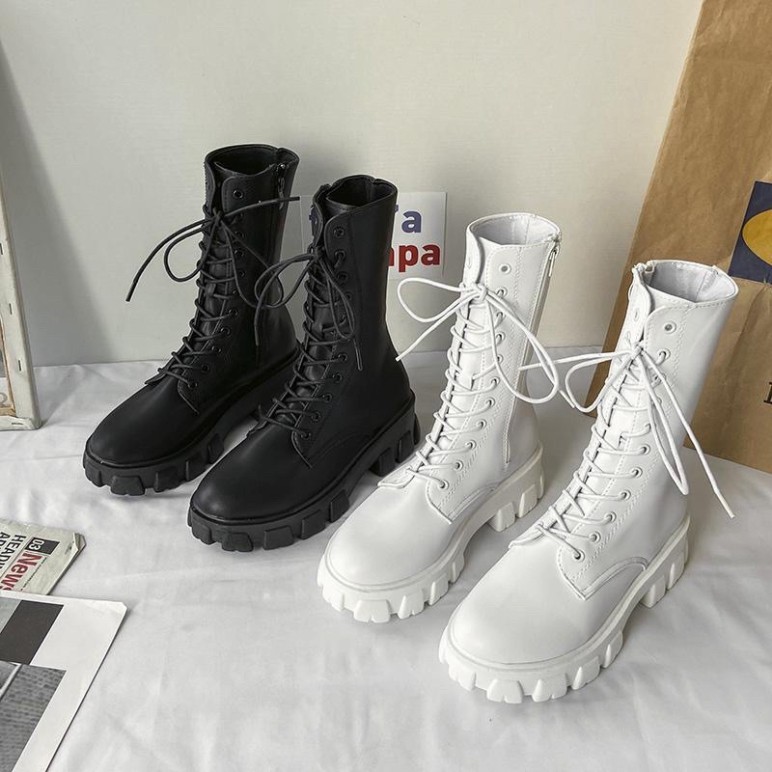 Boot ulzzang cao cổ 20cm buộc dây kéo khóa đế cao 5.5cm màu đen/trắng cá tính đẹp mới xinh thời trang