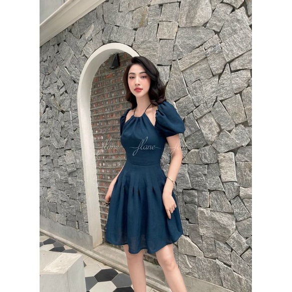 Đầm dạo phố cổ yếm rớt vai Navy Dress