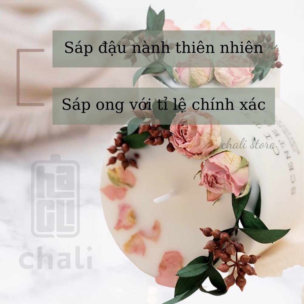 Nến thơm phòng hoa khô tự nhiên sáp đậu nành an toàn không khói tăng kèm đế gỗ