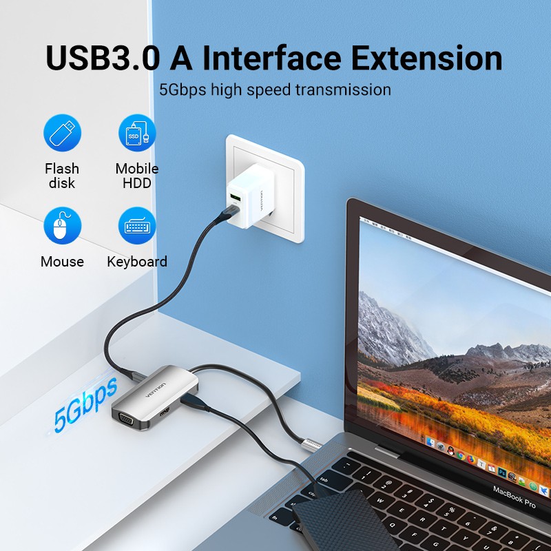 Hub USB C VENTION 4 Trong 1 Type C Sang PD/USB3.0/HDMI/VGA Cho Laptop