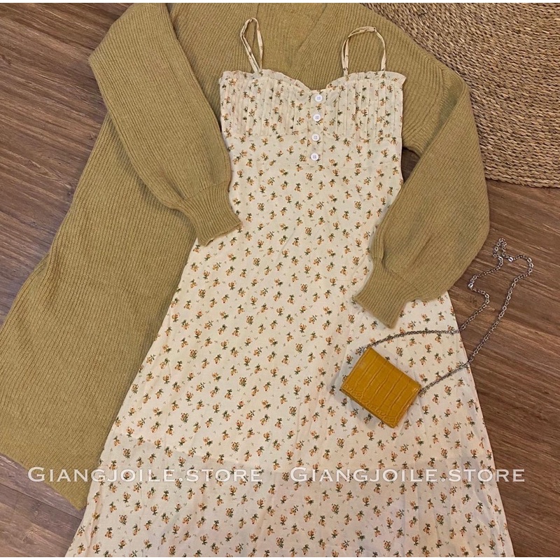 Giangjoile Cadigan mix váy hoa nhí dài