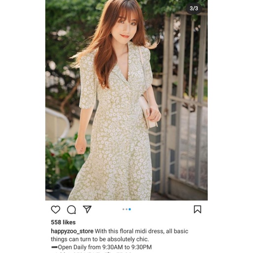 - mới 90% - váy midi họa tiết hoa nhỏ - FREESIZE