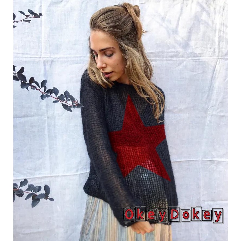 Odokey-y2k Aesthetics Áo Sweater Dệt Kim Họa Tiết Ngôi Sao Năm Cánh Vintage Harajuku Grunge Goth