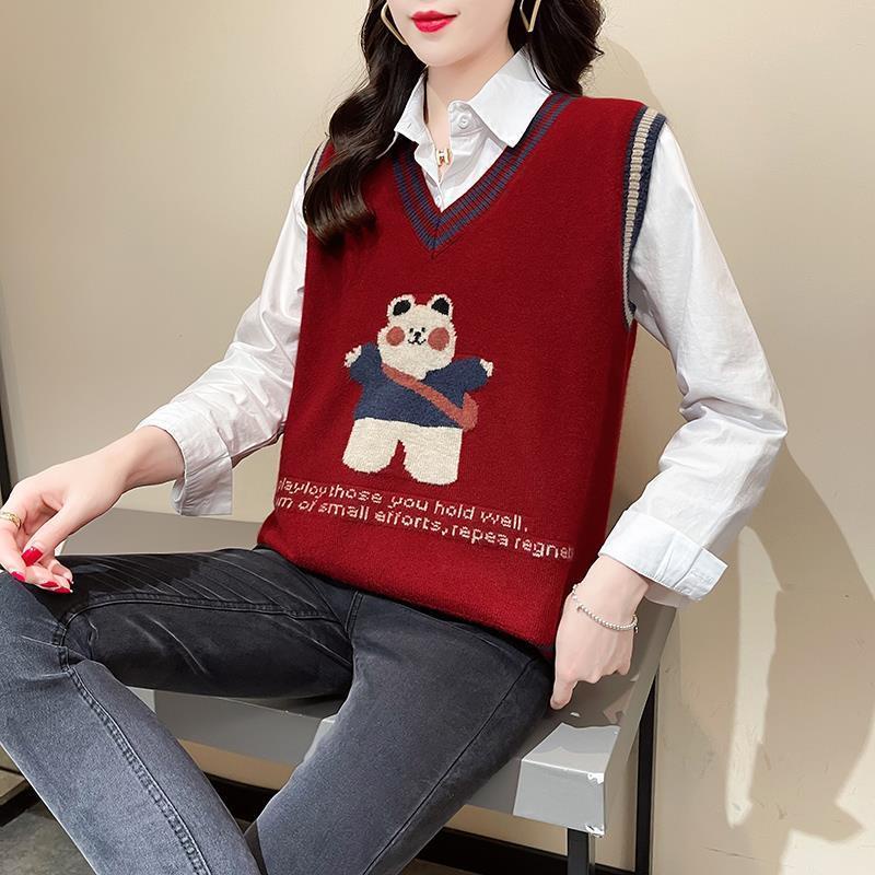 Áo sweater Dệt Kim Không Tay Dáng Rộng In Hình Gấu Phong Cách Hàn Quốc Thời Trang Mùa Thu Mới Cho Nữ