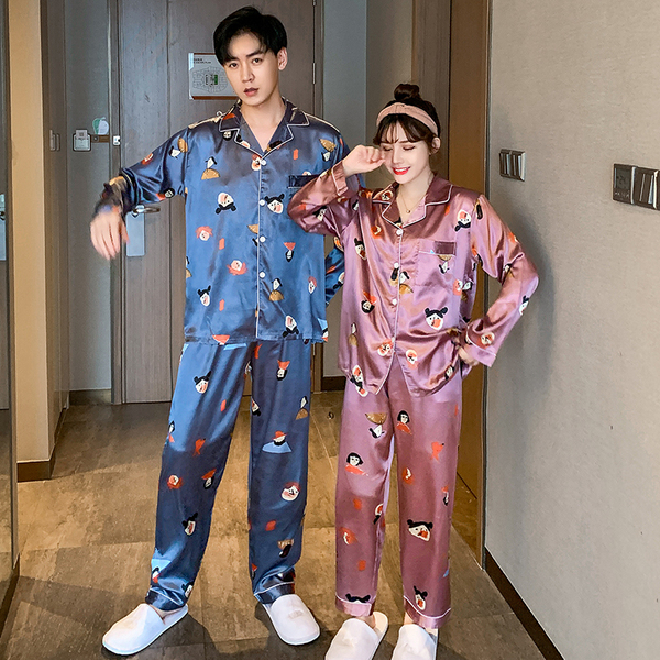 Bộ Đồ Ngủ Vải Phi Bóng Phong Cách Hàn Quốc Cho Cặp Đôi