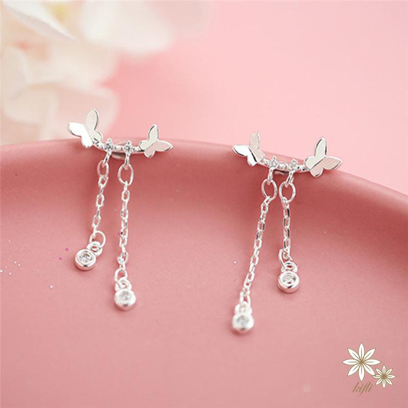 Bông tai bạc hình bướm tua rua đính pha lê thời trang dành cho nữ
