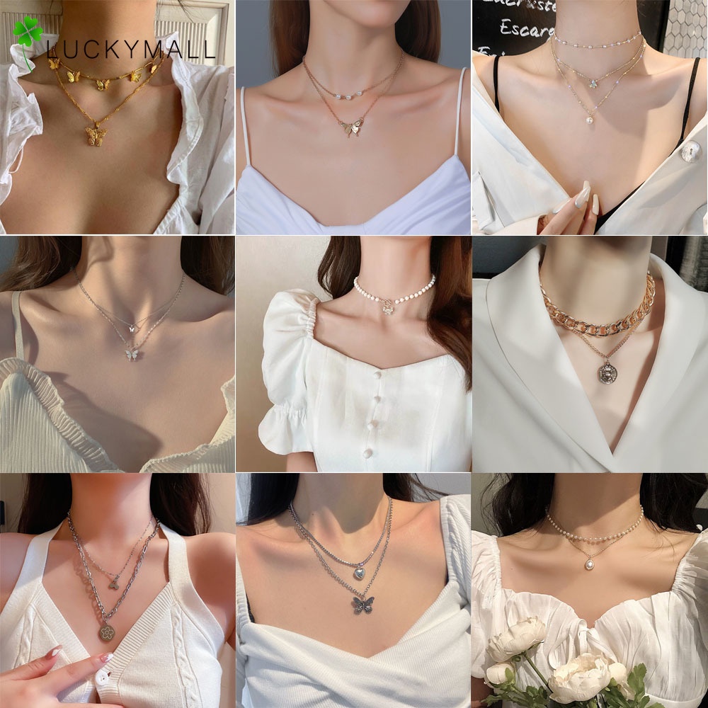 Vòng cổ nhiều lớp bằng kim loại mặt hình bướm thời trang cho nữ