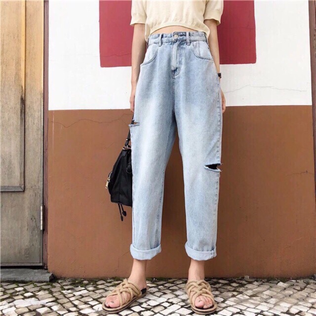 Quần slim baggy jeans rách bên sườn kèm ảnh thật hàng sẵn