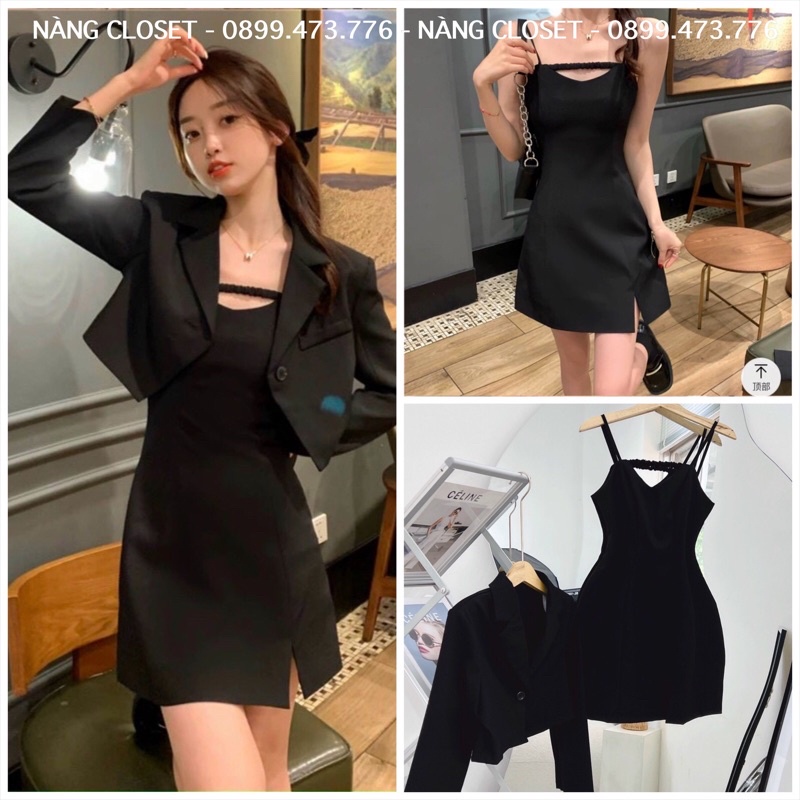 SET Đầm 2 dây kèm Áo khoác croptop cổ vest màu đen NÀNG CLOSET