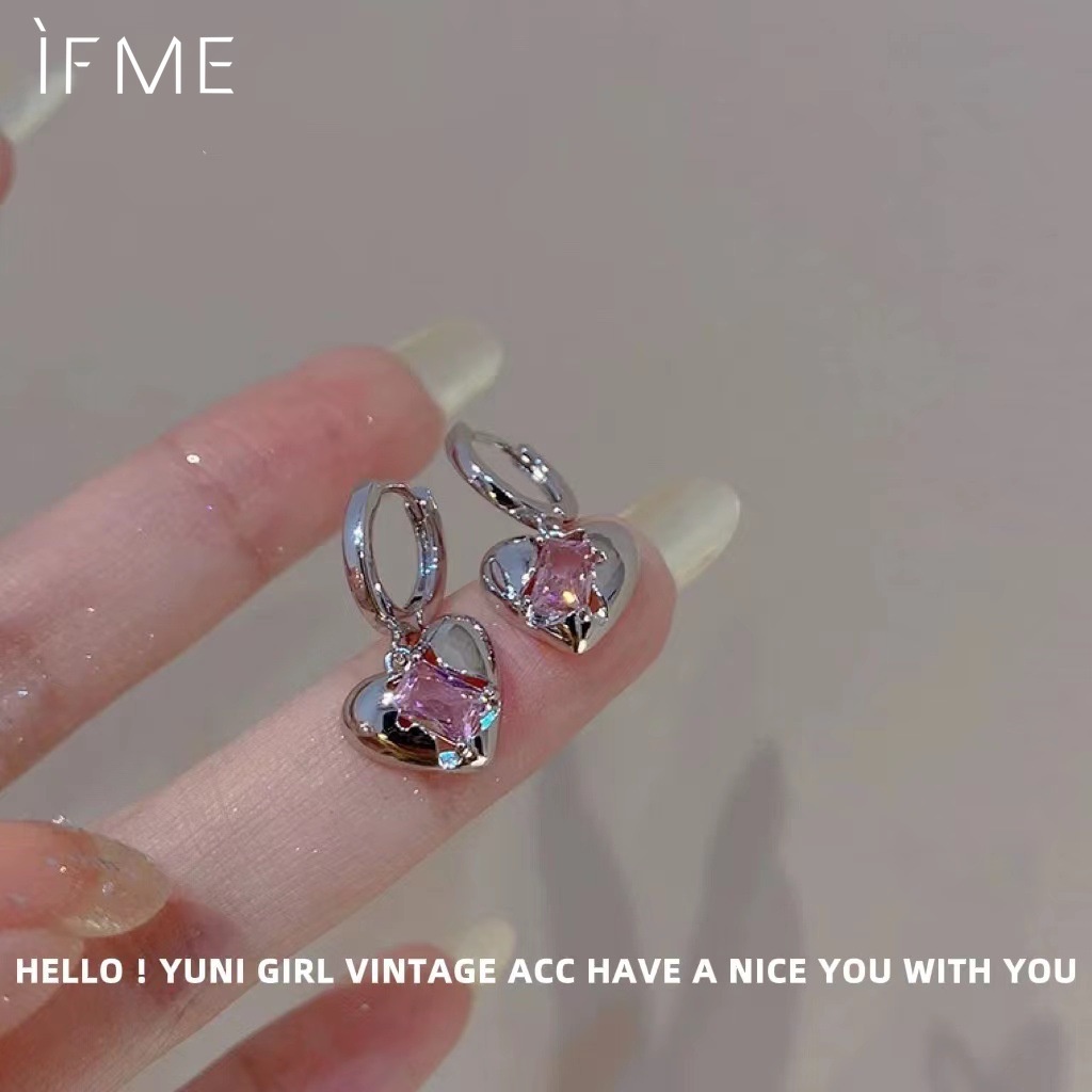 IF ME Bông Tai Mạ Bạc 2K Hình Trái Tim Đính Đá Hồng Ngọt Ngào Dễ Thương Cho Nữ