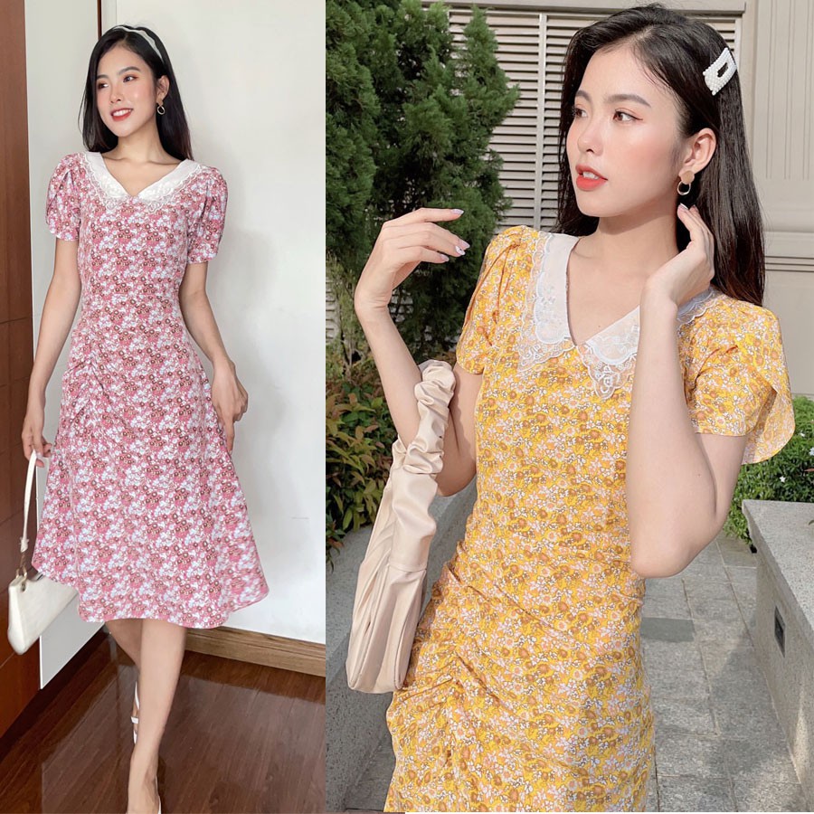 Đầm hoa nhí nhún eo-MS010
