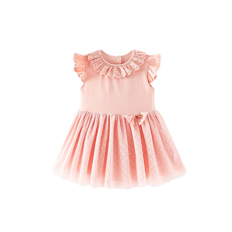 Đầm trẻ em Malwee, Váy bé gái màu hồng cotton phối ren dễ thương 10-30kg