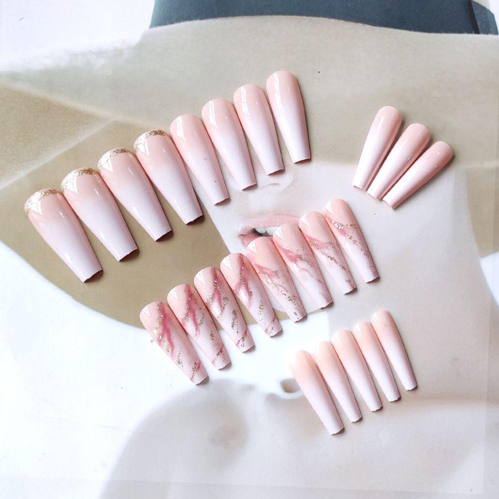 Bộ 24 Móng Tay Giả Đuôi Dài Họa Tiết Cẩm Thạch Gradient Che Phủ Toàn Diện
