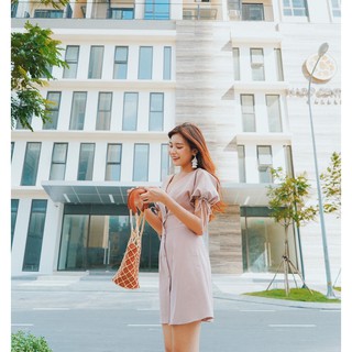 ĐẦM CỔ V TAY NGẮN THẮT NƠ