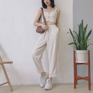 Set Áo croptop 2 dây + Quần baggy Linen