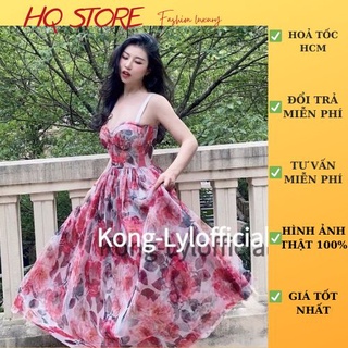 [Maxi] Đầm maxi đi biển hoa hồng xoè 2s V2, váy voan 2 lớp lót có mút ngực kèm hình thật - Maxi HQ store