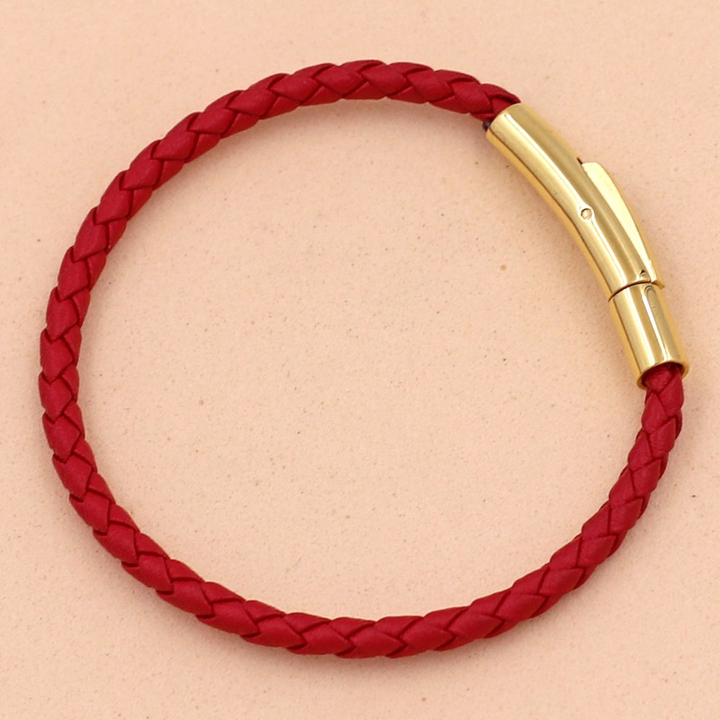Vòng tay dây da đỏ 3 ly VDDOBV móc inox vàng