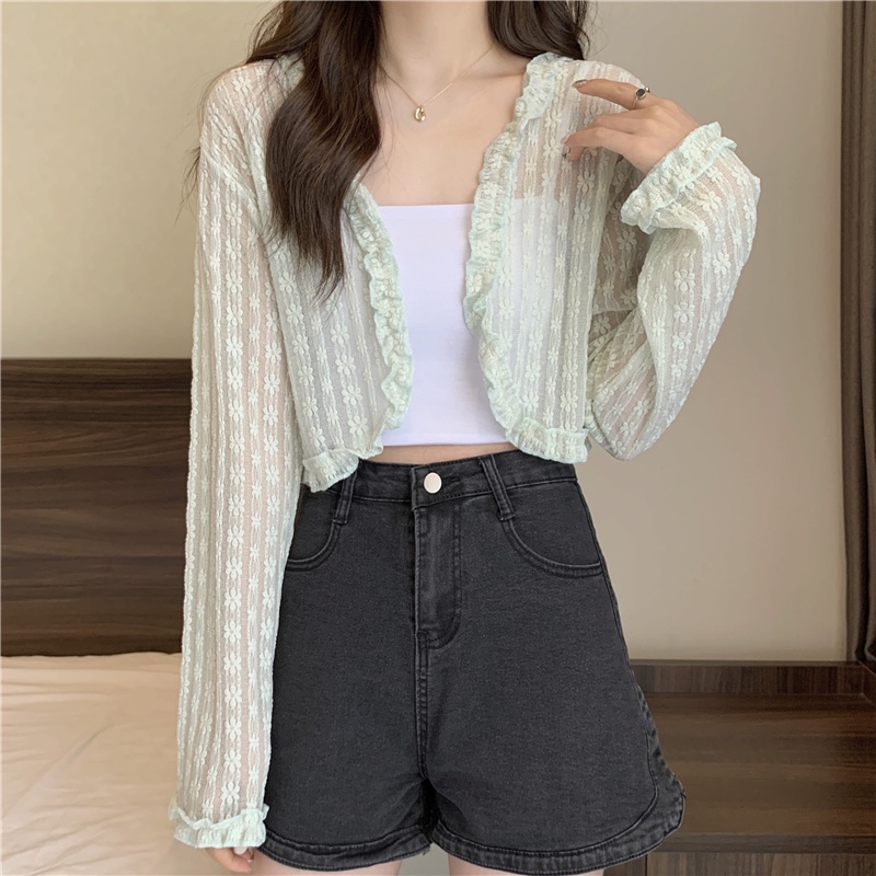 Áo kiểu ZHELIHANGFEI tay dài chống nắng lưng cao phối ren họa tiết hoa xinh xắn