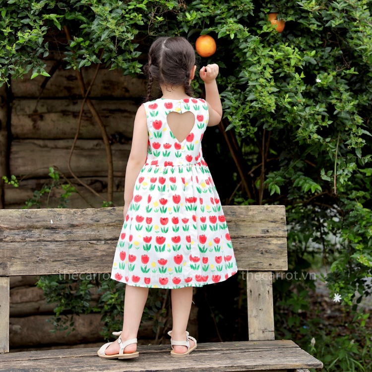 Váy Tim Lưng Carrot Cho Bé Gái, Họa Tiết Hoa Tulip, Chất Thô Cotton Thoáng Mát Thấm Hút Mồ Hôi Tốt