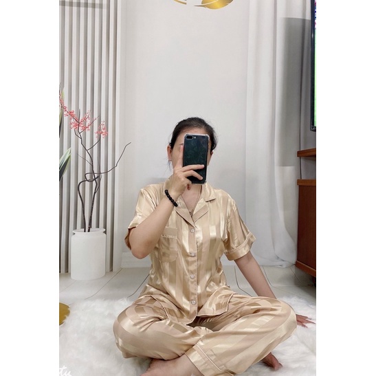 Đồ ngủ bộ lụa Latin (lụa pháp) quần dài, tay cọc cho nữ