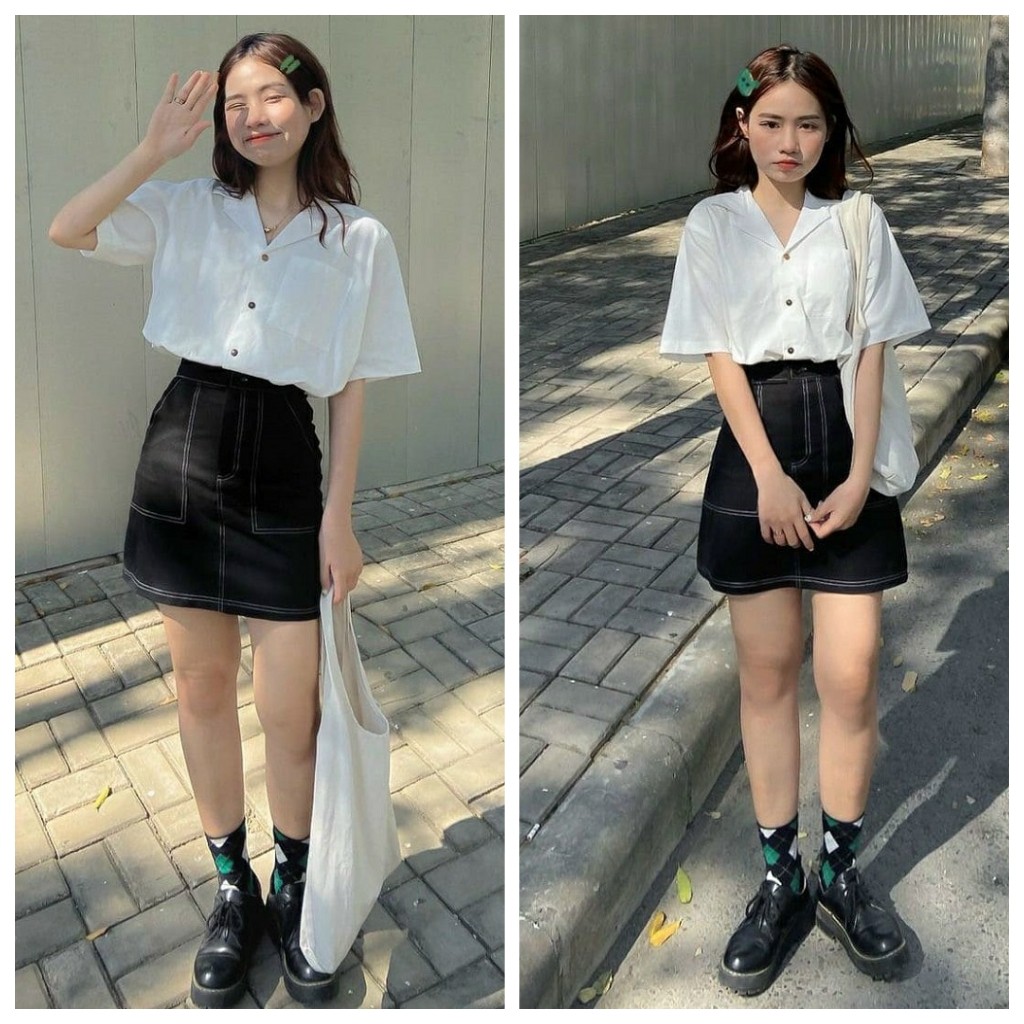 Set áo vest chân váy chỉ nổi VIETCEN áo sơ mi cổ vest và chân váy ngắn kèm quần lót trong chât Umi mát