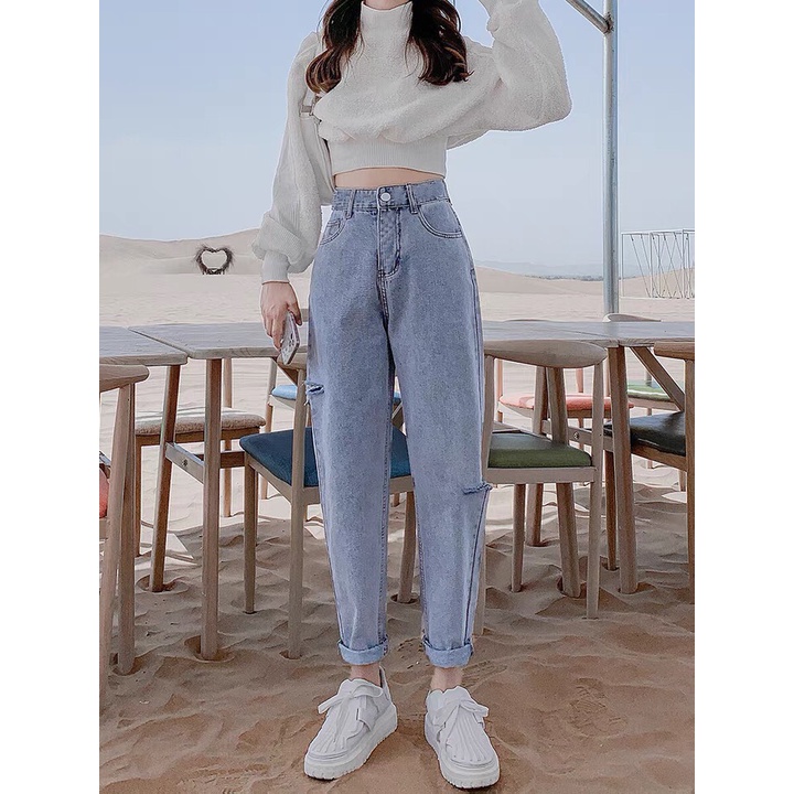 Quần jean Baggy Suông Rách Sườn Màu Xanh Basic BC058