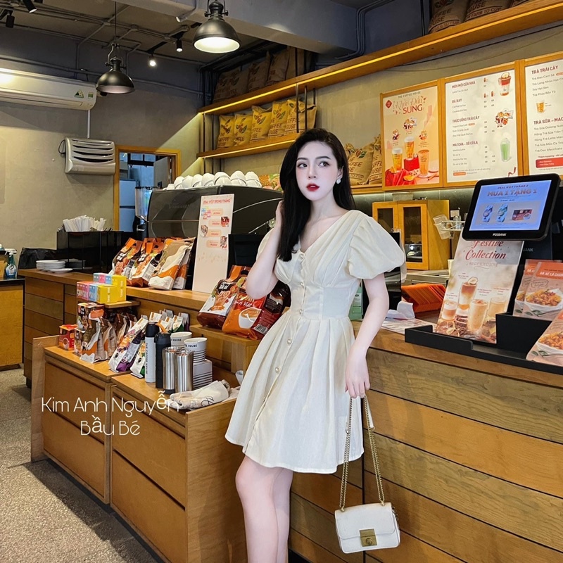 [223] Váy Thô Đũi  2 Lớp   Tay Phồng Cổ V Khuy Ngọc Hàng Đẹp Có Ảnh Thật Kèm Video | BigBuy360 - bigbuy360.vn