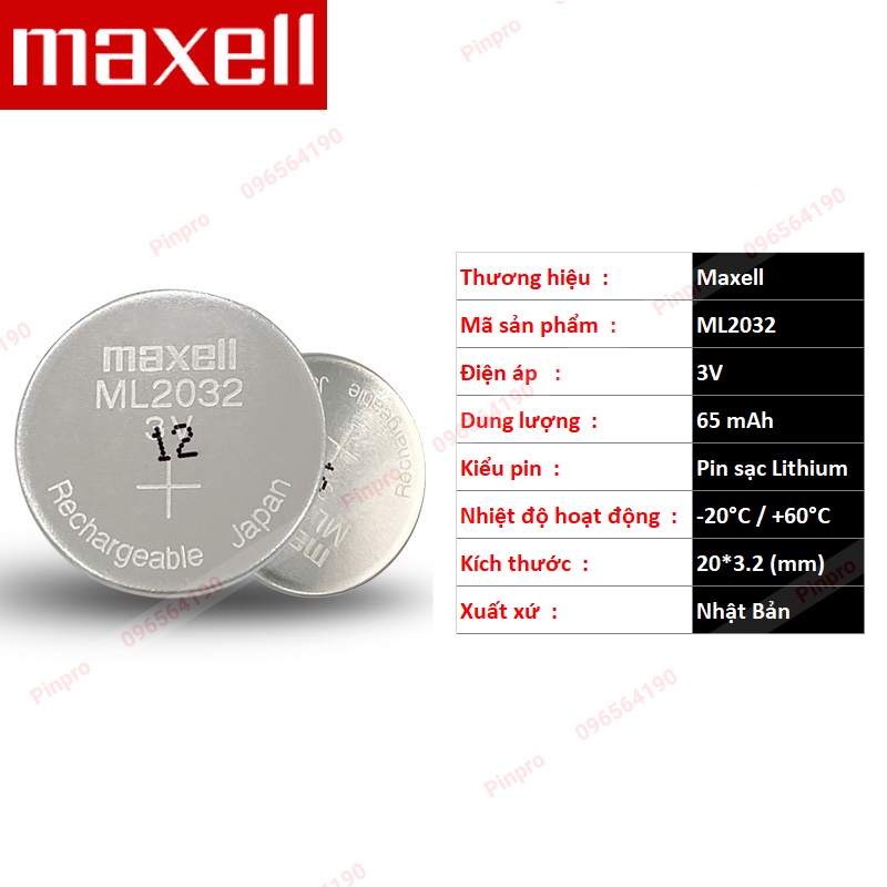 Pin sạc Maxell ML2032 3V Lithium hàn chân, có dây cắm