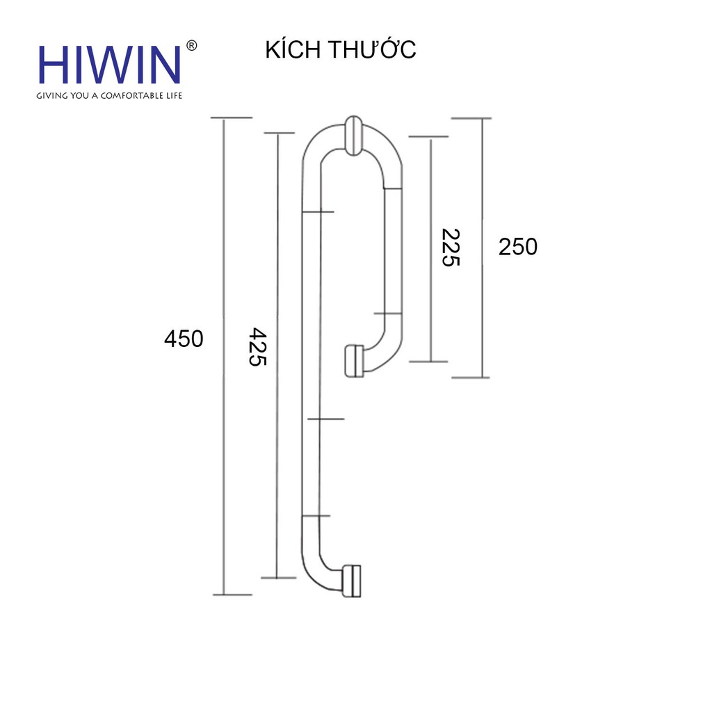 Tay nắm vách kính nhà tắm bo tròn inox 304 mặt gương Hiwin HD-600 (250*450)